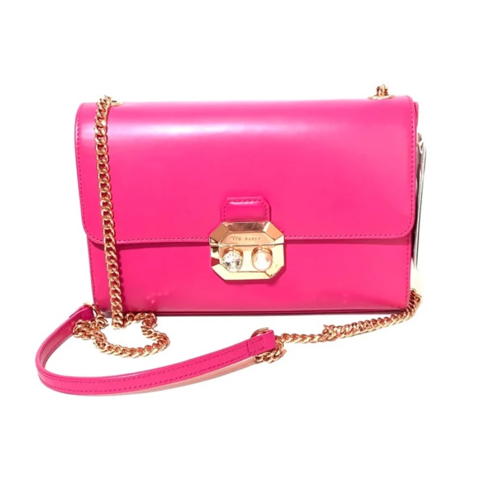 Ted Baker Hot Pink Fuschia Crystal Pearl Clasp Chain Leather Crossbody Bag